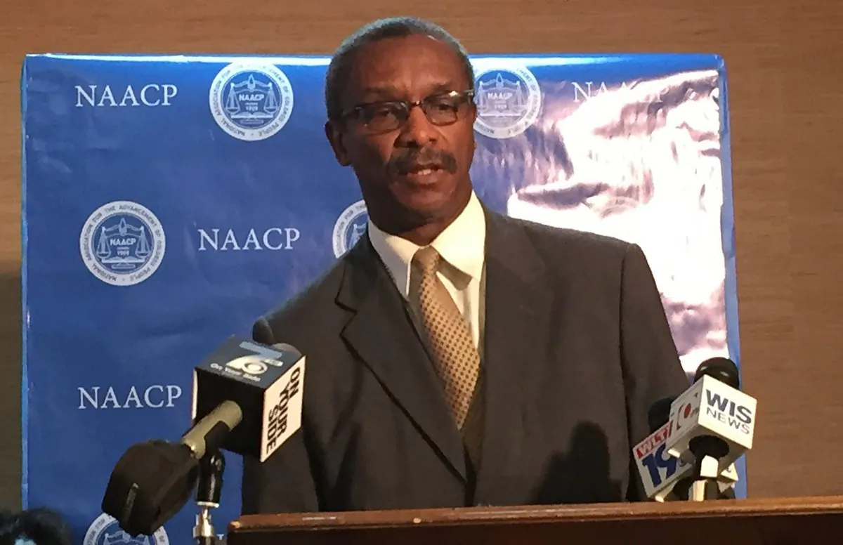 South Carolina NAACP President Lonnie Randolph speaks a news conference about the incident the occurred Monday at Spring Valley High School, in Columbia S.C., on Oct. 27, 2015. (AP Photo/Meg Kinnard)