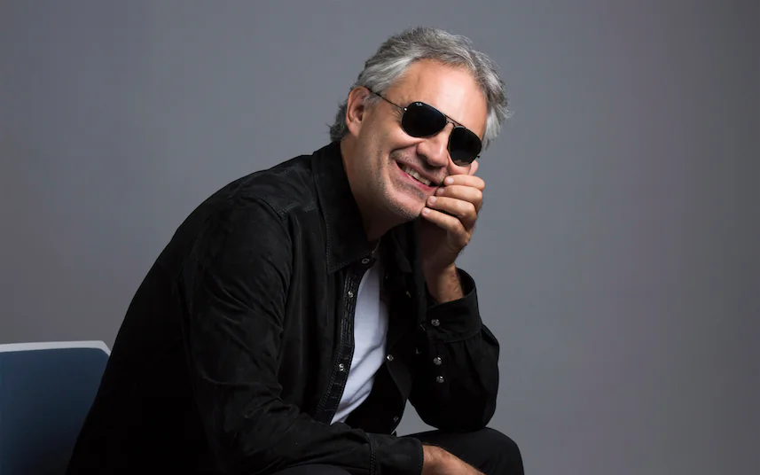 In this Oct. 29, 2015 photo, Andrea Bocelli poses for a portrait in New York. Bocelli has released an album, “Cinema,” which includes a duet with pop star Ariana Grande. (Photo by Drew Gurian/Invision/AP)