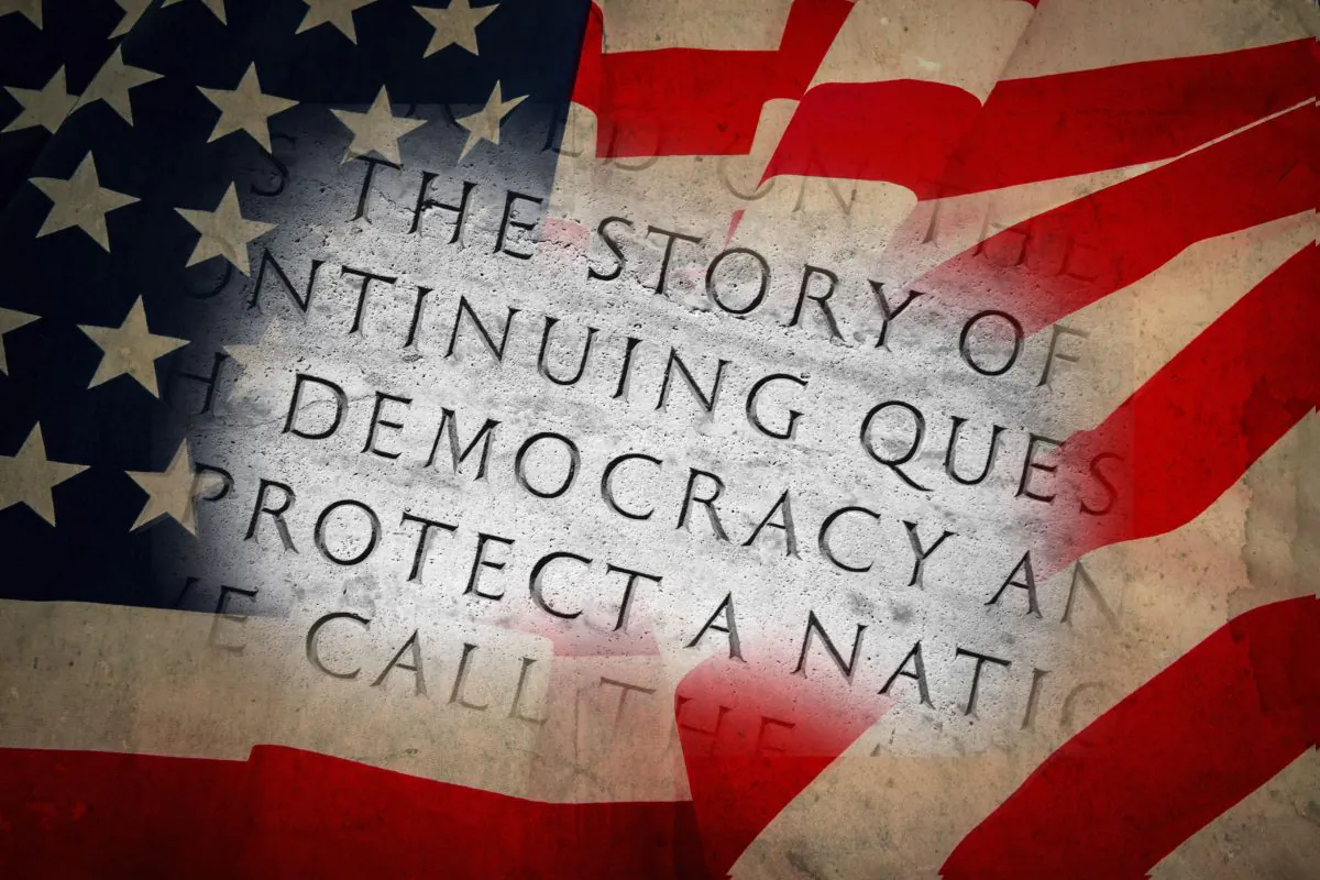 American flag (Kineticman/iStock) “Democracy” etched in stone (Jannoon028/iStock)