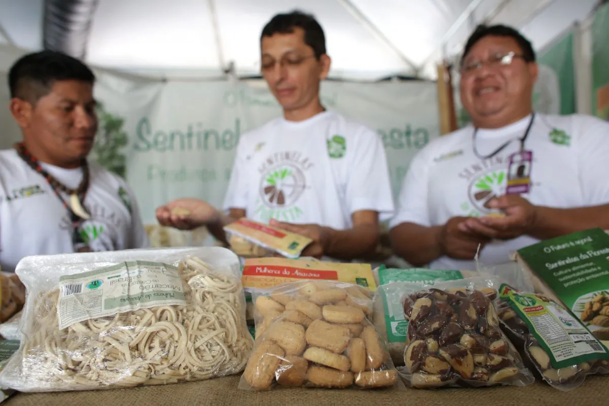 Cinta Larga indigenous men sell products made from Brazil nuts during a fair on the sidelines of the Indigenous World Games in Palmas, Brazil, on Oct. 28, 2015. Since it started last year, the Sentinels of the Forest program has boosted the tribes’ incomes by 50 percent, said Daeit Akata Kaban, leader of the Cinta Larga. Shown are program coordinator Paulo Cesar (C), Valdenildo Saul (L), and Daeit Akata Kaban (R). (AP Photo/Eraldo Peres)