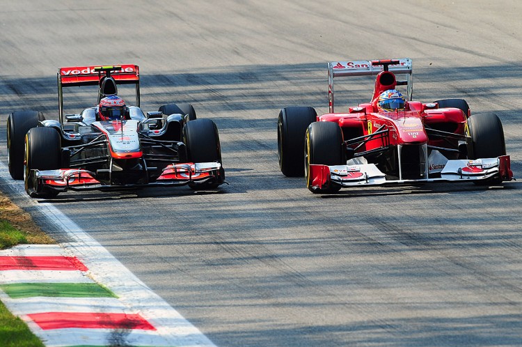 Jenson Button (L) got by Fernando Alonso on lap 36. (Giuseppe Cacace/AFP/Getty Images) Jenson Button (L) got by Fernando Alonso on lap 36. (Giuseppe Cacace/AFP/Getty Images)
