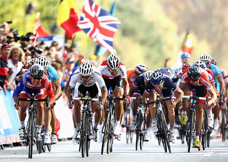 Mark Cavendish of Great Britain sprints for the finish line to win the Men's Elite Road Race at the UCI Road World Championships in Copenhagen, Denmark. (Bryn Lennon/Getty Images) Mark Cavendish of Great Britain sprints for the finish line to win the Men's Elite Road Race at the UCI Road World Championships in Copenhagen, Denmark. (Bryn Lennon/Getty Images)