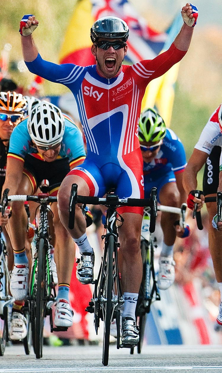Mark Cavendish raises his arms in exultation as he wins the World Champion's rainbow jersey for Great Britain. (Jonathan Nackstrand/AFP/Getty Image) Mark Cavendish raises his arms in exultation as he wins the World Champion's rainbow jersey for Great Britain. (Jonathan Nackstrand/AFP/Getty Image)