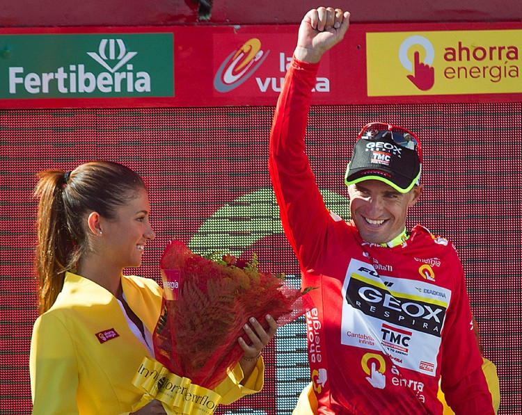 Juan Jose Cobo of Geox celebrates keeping the red jersey after Stage 17 of the 2011 Vuelta a España. Sky's Chris Froome won the stage but not by enough to take the race lead. (Jaime Reina/AFP/Getty Images) Juan Jose Cobo of Geox celebrates keeping the red jersey after Stage 17 of the 2011 Vuelta a España. Sky's Chris Froome won the stage but not by enough to take the race lead. (Jaime Reina/AFP/Getty Images)