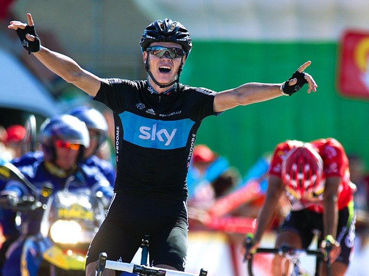 Chris Froome crosses the finish line just ahead of race leader Juan Jose Cobo to win Stage 17 of the 2011 Vuelta a España. (Jaime Reina/AFP/Getty Images) Chris Froome crosses the finish line just ahead of race leader Juan Jose Cobo to win Stage 17 of the 2011 Vuelta a España. (Jaime Reina/AFP/Getty Images)