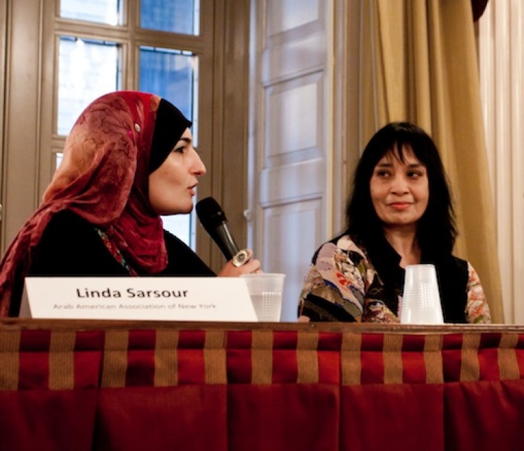NEW YORKER AND PROUD: Linda Sarsour (L) of the Arab American Association of New York speaks at a 9/11 roundtable discussion on Wednesday. Next to her is Margaret Fung (C), executive director of Asian American Legal Defense. (Tara MacIsaac/The Epoch Times) NEW YORKER AND PROUD: Linda Sarsour (L) of the Arab American Association of New York speaks at a 9/11 roundtable discussion on Wednesday. Next to her is Margaret Fung (C), executive director of Asian American Legal Defense. (Tara MacIsaac/The Epoch Times)