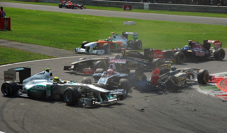 HRT drivers Vitantonio Liuzzi and Daniel Ricciardo, Lotus Renault driver Vitaly Petrov and Mercedes driver Nico Rosberg crash at the start. (Dimitar DilkofF/AFP/Getty Images) HRT drivers Vitantonio Liuzzi and Daniel Ricciardo, Lotus Renault driver Vitaly Petrov and Mercedes driver Nico Rosberg crash at the start. (Dimitar DilkofF/AFP/Getty Images)