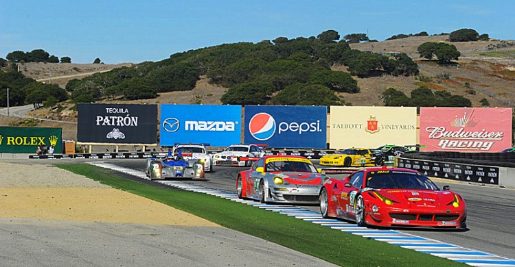 The Risi Ferrari leads the Flying Lizard Porsche, one of the Core LMPCs, both BMWs, the #4 Corvette and a Jaguar. (Americanlemans.com) The Risi Ferrari leads the Flying Lizard Porsche, one of the Core LMPCs, both BMWs, the #4 Corvette and a Jaguar. (Americanlemans.com)