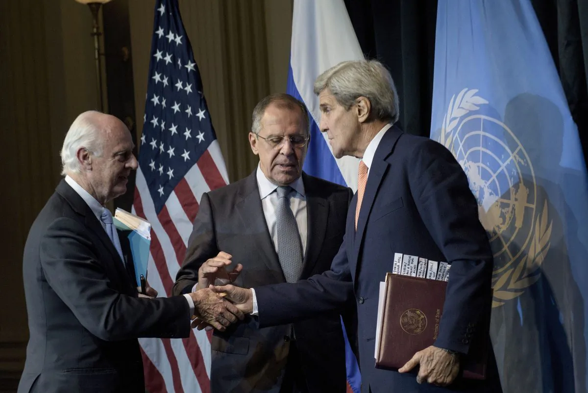 Russian Foreign Minister Sergei Lavrov (C), U.S. Secretary of State John Kerry (R) and Staffan de Mistura, U.N. Special Envoy for Syria, after a press conference at the Grand Hotel in Vienna, Austria, on Oct. 30, 2015. (Brendan Smialowski/AFP/Getty Images)