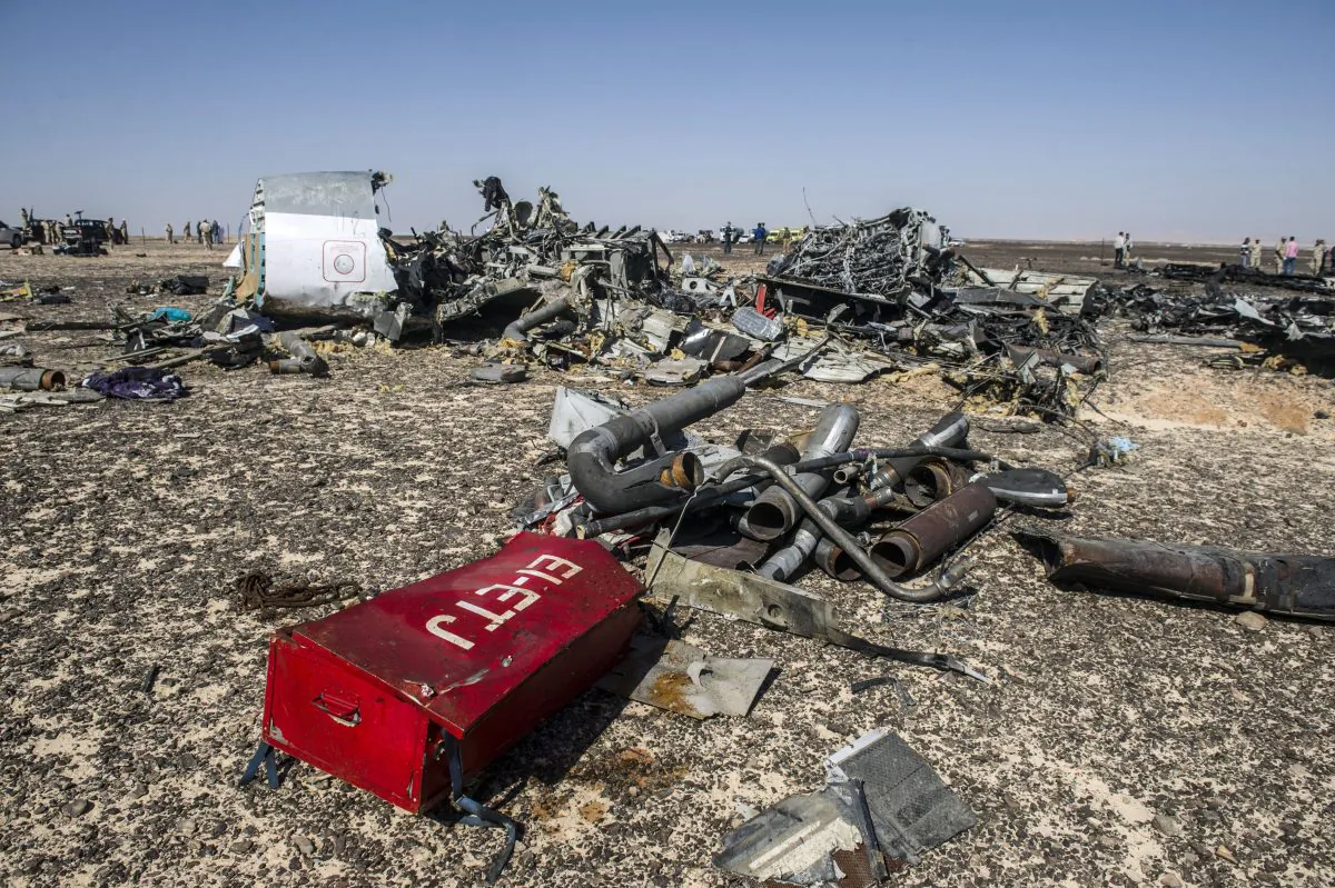 Debris belonging to the A321 Russian airliner are seen at the site of the crash in Wadi al-Zolomat, Egypt's Sinai Peninsula, on Nov. 1, 2015. The incident has triggered conspiracy theories. (Khaled Desouki/AFP/Getty Images)