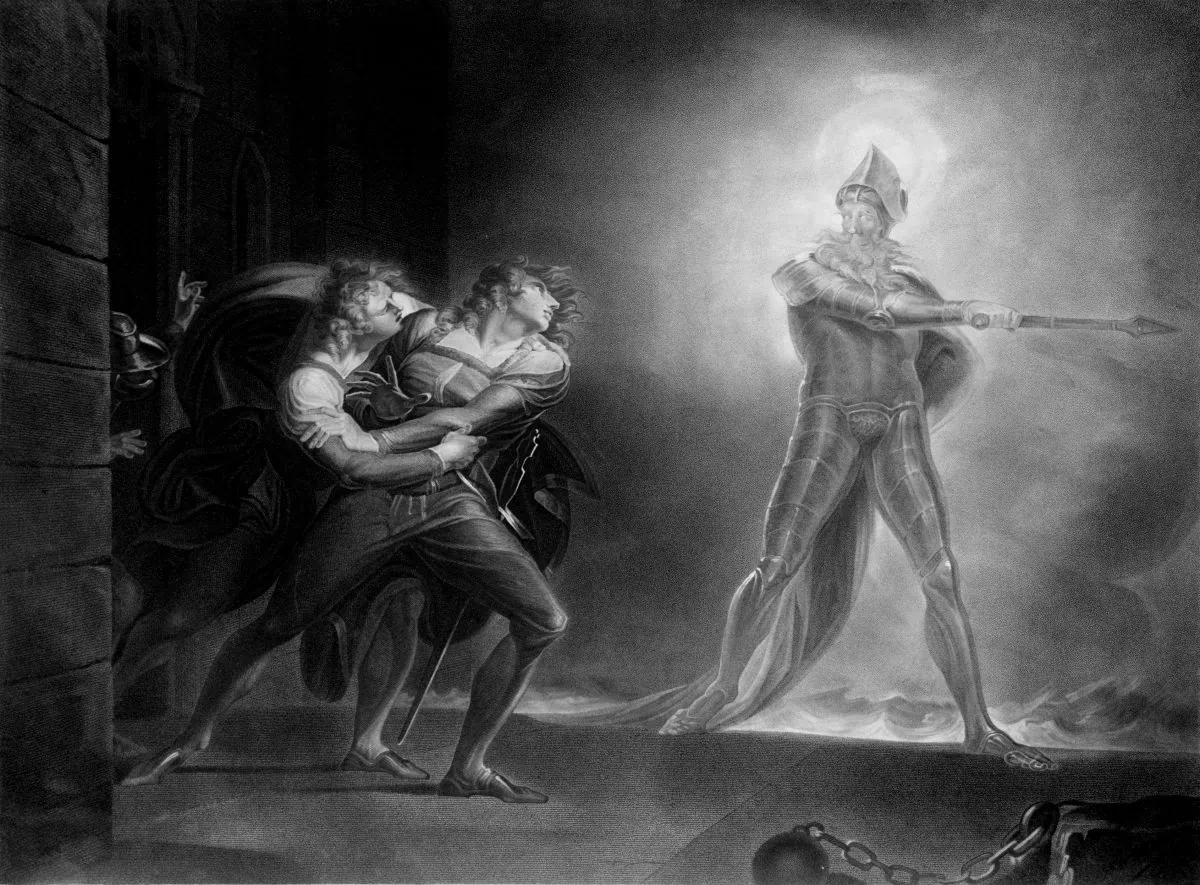 Hamlet, Horatio, Marcellus, and the Ghost, on platform before the Palace of Elsinor; from "Hamlet, Prince of Denmark," Act I, Scene IV by Henry Fuseli, on Sept. 29, 1796, after a 1789 painting by Kaufmann. (Library of Congress)