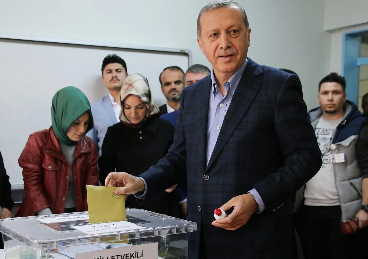 Turkey's President Recep Tayyip Erdogan casts his vote at a polling station, in Istanbul, Sunday, Nov. 1, 2015. (AP Photo/Hussein Malla)