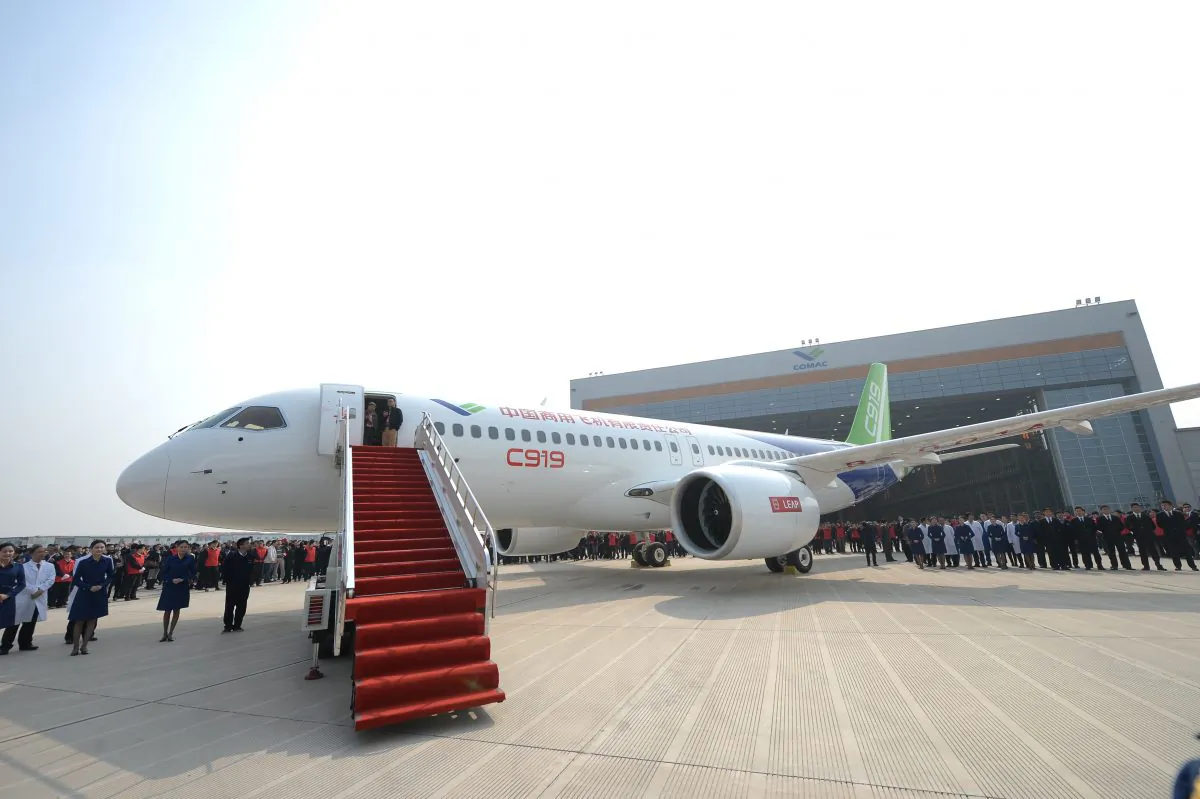 China's first self-developed large passenger jetliner C919 is presented after it rolled off the production line at Shanghai Aircraft Manufacturing Co., Ltd in Shangha on Nov. 2, 2015. (ChinaFotoPress/Getty Images)