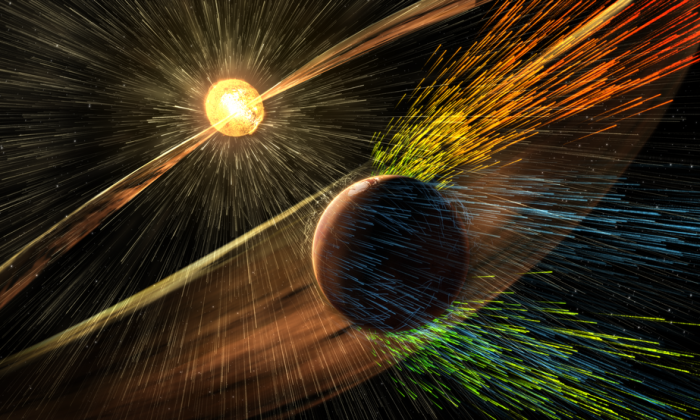 Artist’s rendering of a solar storm hitting Mars and stripping ions from the planet's upper atmosphere. (NASA)