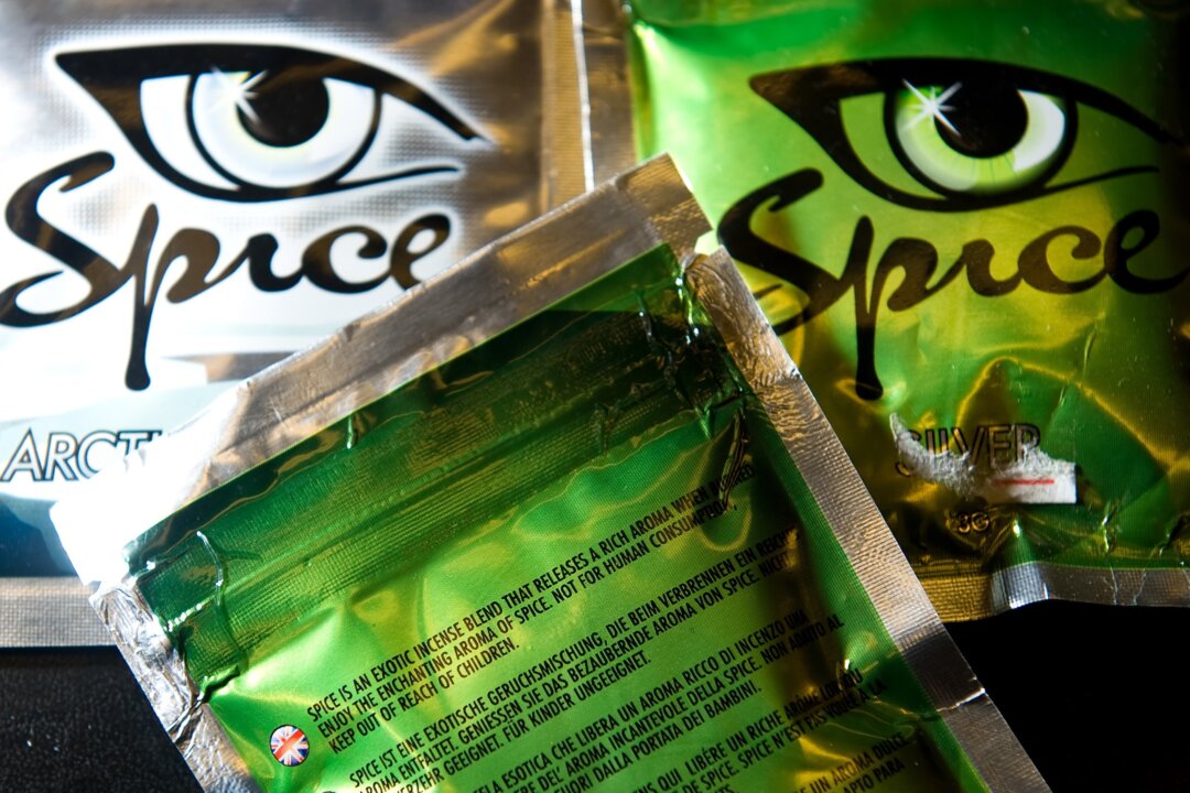 Packages of the synthetic drug “Spice” in a shop in London on Aug. 28, 2009. Spice is one of a growing multitude of brand names for synthetic cannabinoid drugs, or molecules designed to mimic and amplify the psychoactive effects of THC present in cannabis. (Leon Neal/AFP/Getty Images)