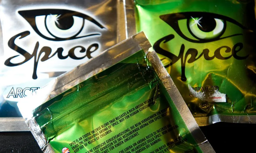 Packages of the synthetic drug “Spice” in a shop in London on Aug. 28, 2009. Spice is one of a growing multitude of brand names for synthetic cannabinoid drugs, or molecules designed to mimic and amplify the psychoactive effects of THC present in cannabis. (Leon Neal/AFP/Getty Images)