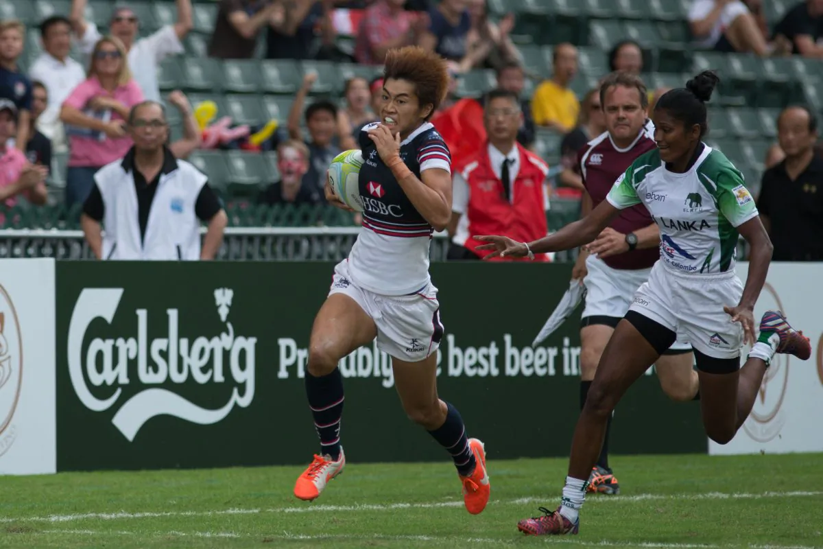 Aggie Poon Pak Yan of Hong Kong, the leading try scorer after the first day in the women’s competition (5 Tries) in the Asia Rugby Sevens Qualifier in Hong Kong on Saturday Nov 7, 2015. (Phoebe Leung)