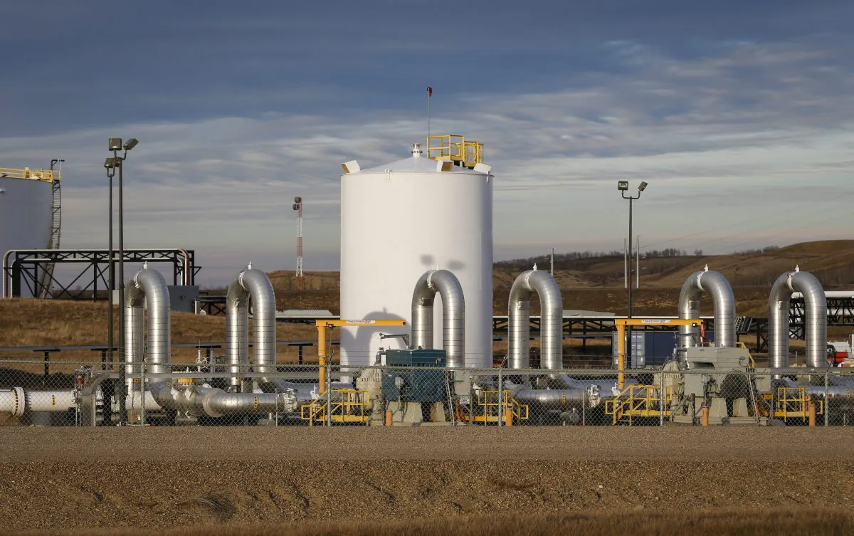 TransCanada's Keystone pipeline facilities are seen in Hardisty, Alberta, Canada, on Friday, Nov. 6, 2015. Following the Obama administration’s rejection of the Keystone XL pipeline, the oil industry faces the tricky task of making sure the crude oil targeted for the pipeline still gets where it needs to go. (Jeff McIntosh/The Canadian Press via AP)