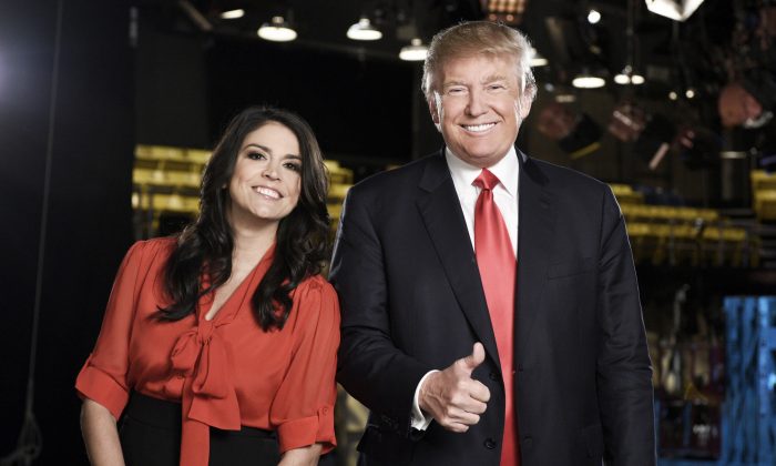 This Nov. 3, 2015 photo provided by NBC shows, "Saturday Night Live" cast member Cecily Strong, left, and Republican presidential candidate Donald Trump in New York. Trump will host the show on Nov. 7.  (Dana Edelson/NBC via AP)