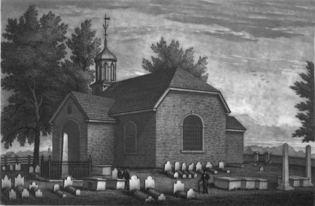 The Old Swedes Church in Wilmington, Delaware, drawn by Benjamin Ferris, c. 1845. From the book "Reminiscences of Wilmington" by Elizabeth Montgomery. (Public Domain)