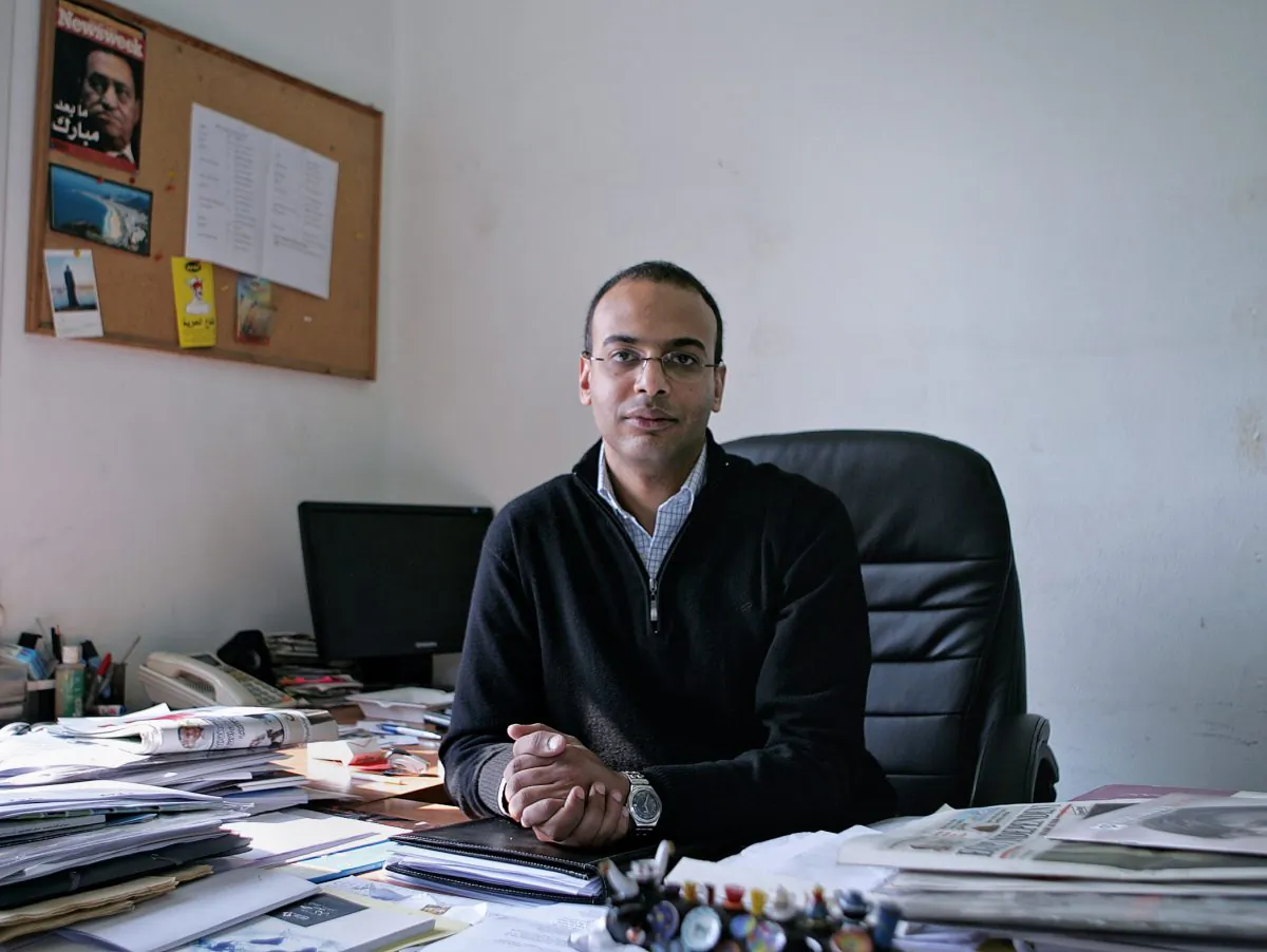 This Dec. 7, 2011 photo, shows Hossam Bahgat in his office at the Egyptian Initiative for Personal Rights in Garden City, Cairo, Egypt. (AP Sarah Rafea via AP) MANDATORY CREDIT