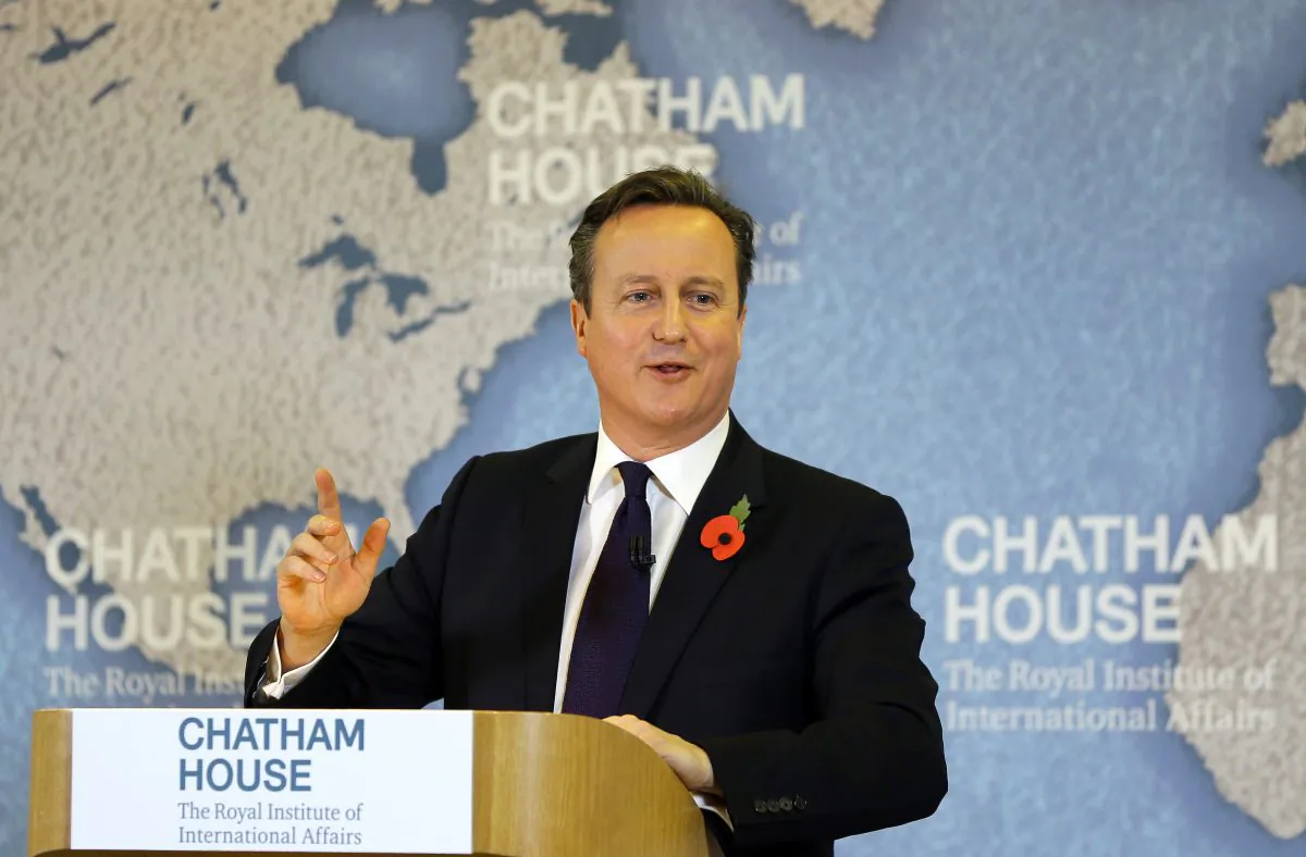 Britain's Prime Minister David Cameron delivers a speech on EU reform and the UK’s renegotiation, at Chatham House in London, Tuesday, Nov. 10, 2015. (AP Photo/Kirsty Wigglesworth, pool)