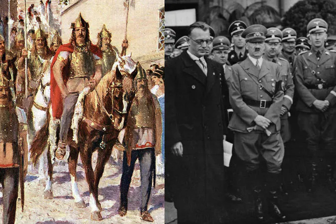 Left: Alaric, the Visgoth king who sacked Rome, parades through Athens. (Public domain) Right: Adolf Hitler in Vienna, 1938. (German Federal Archives, Public domain)