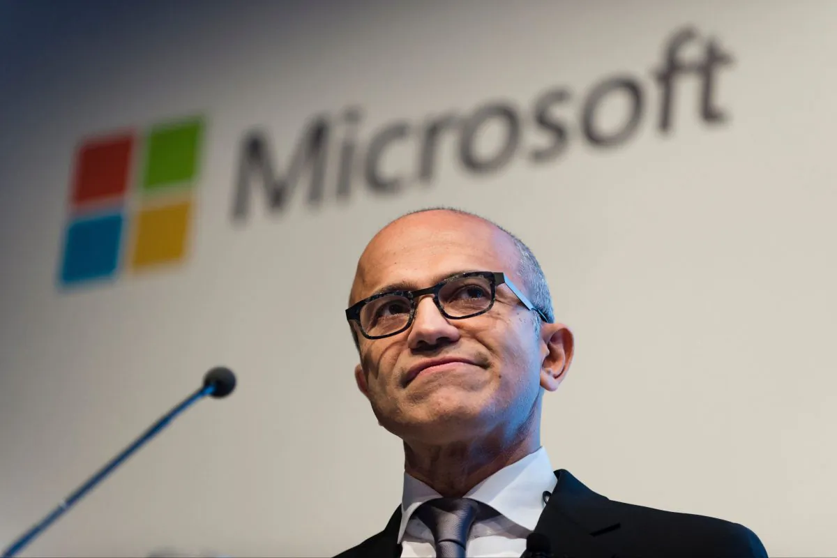 Microsoft's chief executive Satya Nadella speaks during a presentation in Berlin, Germany, Wednesday, Nov. 11, 2015. Microsoft said it will use data centers inside Germany to store German customers' data amid ongoing concerns over privacy. (Gregor Fischer/dpa via AP)