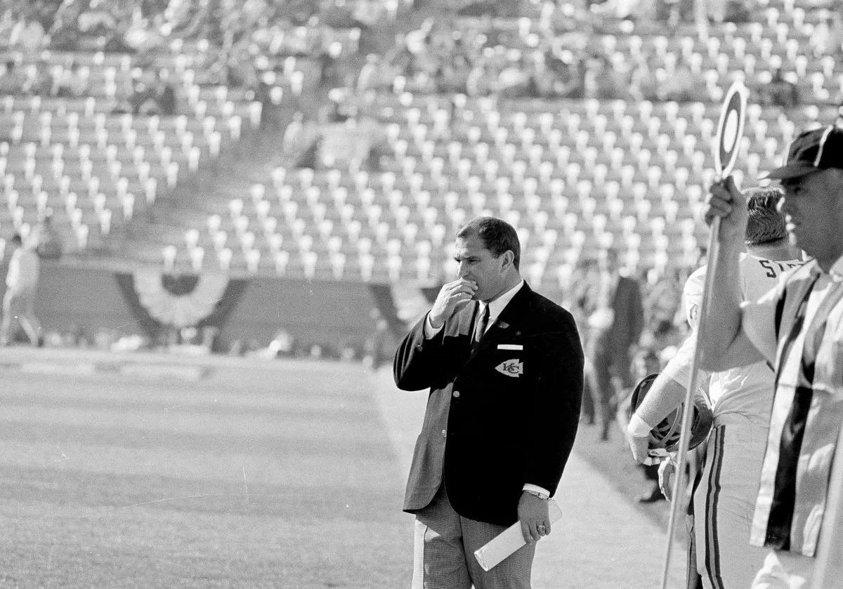 Coach Hank Stram of the Kansas City Chiefs suffers through his team's 35-10 loss to the Green Bay Packers during Super Bowl I at the Los Angeles Memorial Coliseum in Los Angeles, Calif., Jan. 15, 1967. (AP Photo)