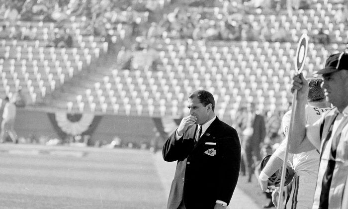 Coach Hank Stram of the Kansas City Chiefs suffers through his team's 35-10 loss to the Green Bay Packers during Super Bowl I at the Los Angeles Memorial Coliseum in Los Angeles, Calif., Jan. 15, 1967. (AP Photo)