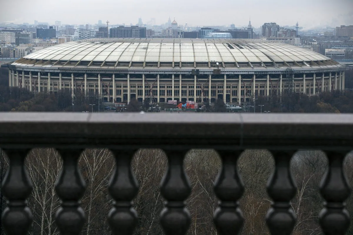 A view of the Luzhniki stadium which was the main venue at the 1980 Summer Olympics and hosted the Opening and Closing Ceremonies, Athletics, Football finals, in Moscow, Russia, Wednesday, Nov. 11, 2015. Russian President Vladimir Putin canceled a meeting with sports leaders, scheduled to be held in Sochi on Wednesday in the wake of the country's doping scandal. Putin had been due to discuss the doping allegations against Russia, with track federation coach Yuri Borzakovsky in attendance. (AP Photo/Pavel Golovkin)