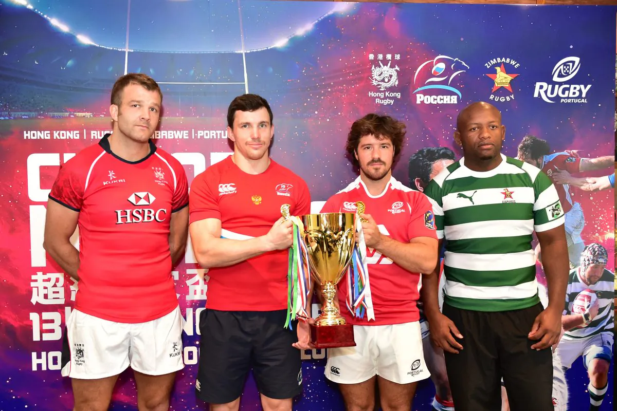 Captains of the four teams (L-R) Hong Kong, Russia, Portugal and Zimbabwe after the press briefing on Wednesday, Nov 11 and ahead of the start of the Rugby Union Cup of Nations to be held in Hong Kong between Nov 13 and Nov 21, 2015. (Bill Cox/Epoch Times)