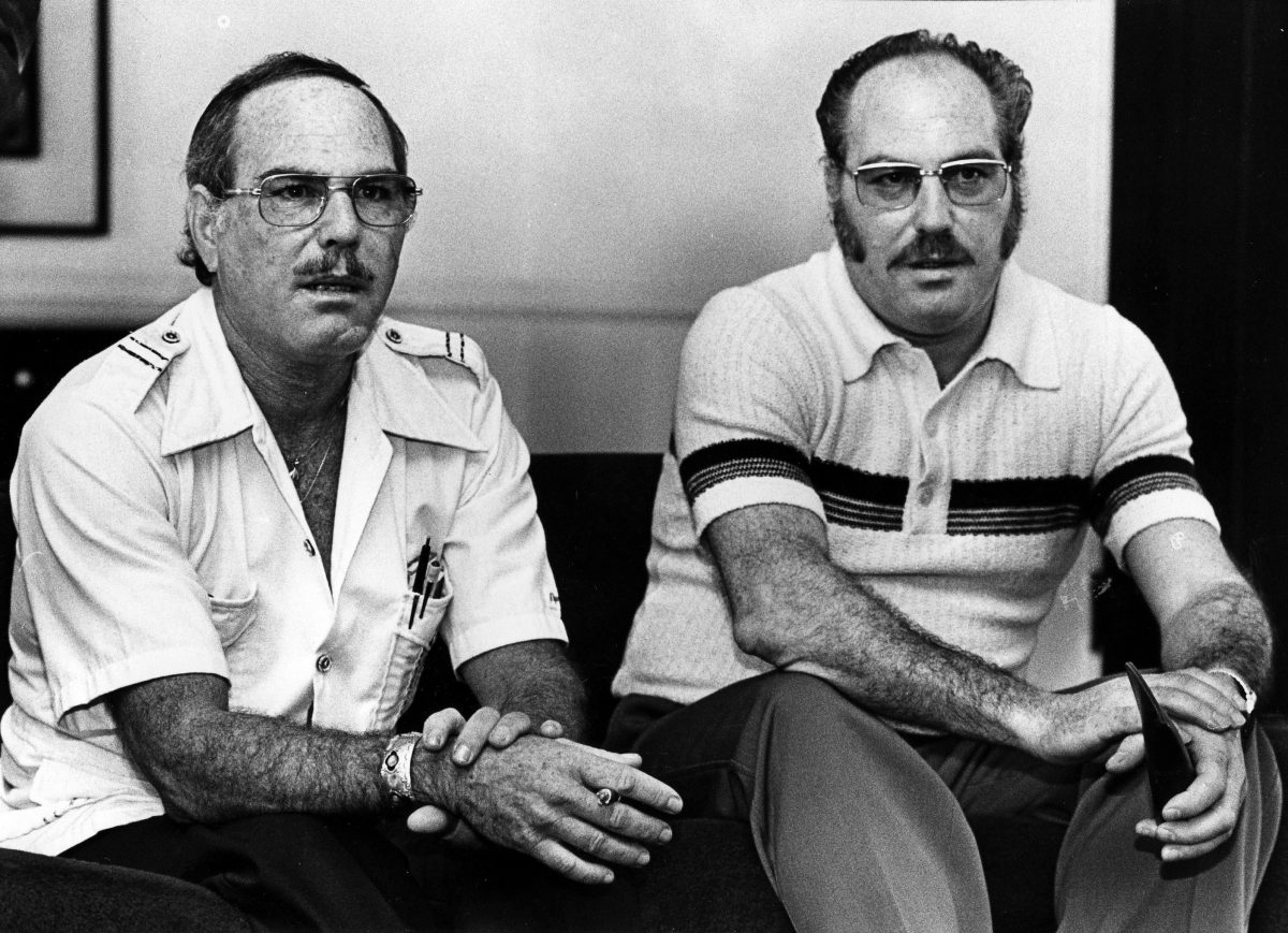 In this Nov. 25, 1979 photo, Jack Yufe (L) and his twin brother, Oskar, look on. (Robert Lachman/Los Angeles Times via AP)