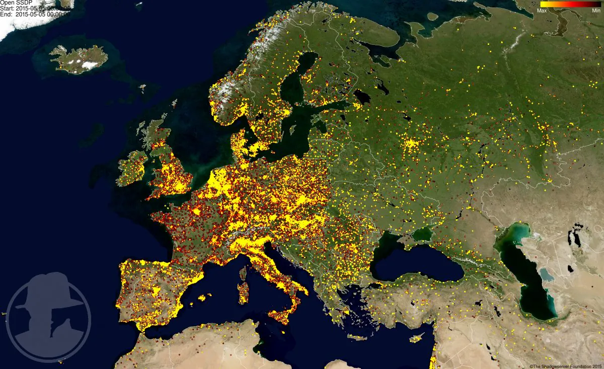 Map of insecure / misconfigured devices running Simple Service Discovery Protocol, which makes them vulnerable to denial-of-service attacks, in Europe, where the string of attacks started (The Shadowserver Foundation)