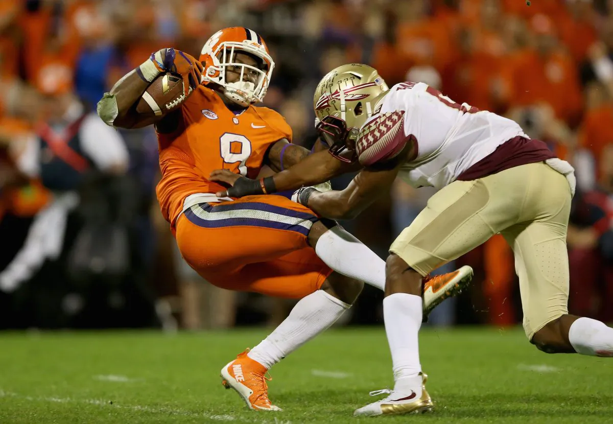 Wayne Gallman (L) and Clemson have yet to lose this year, though they nearly fell to Jalen Ramsey and Florida State. (Streeter Lecka/Getty Images) 