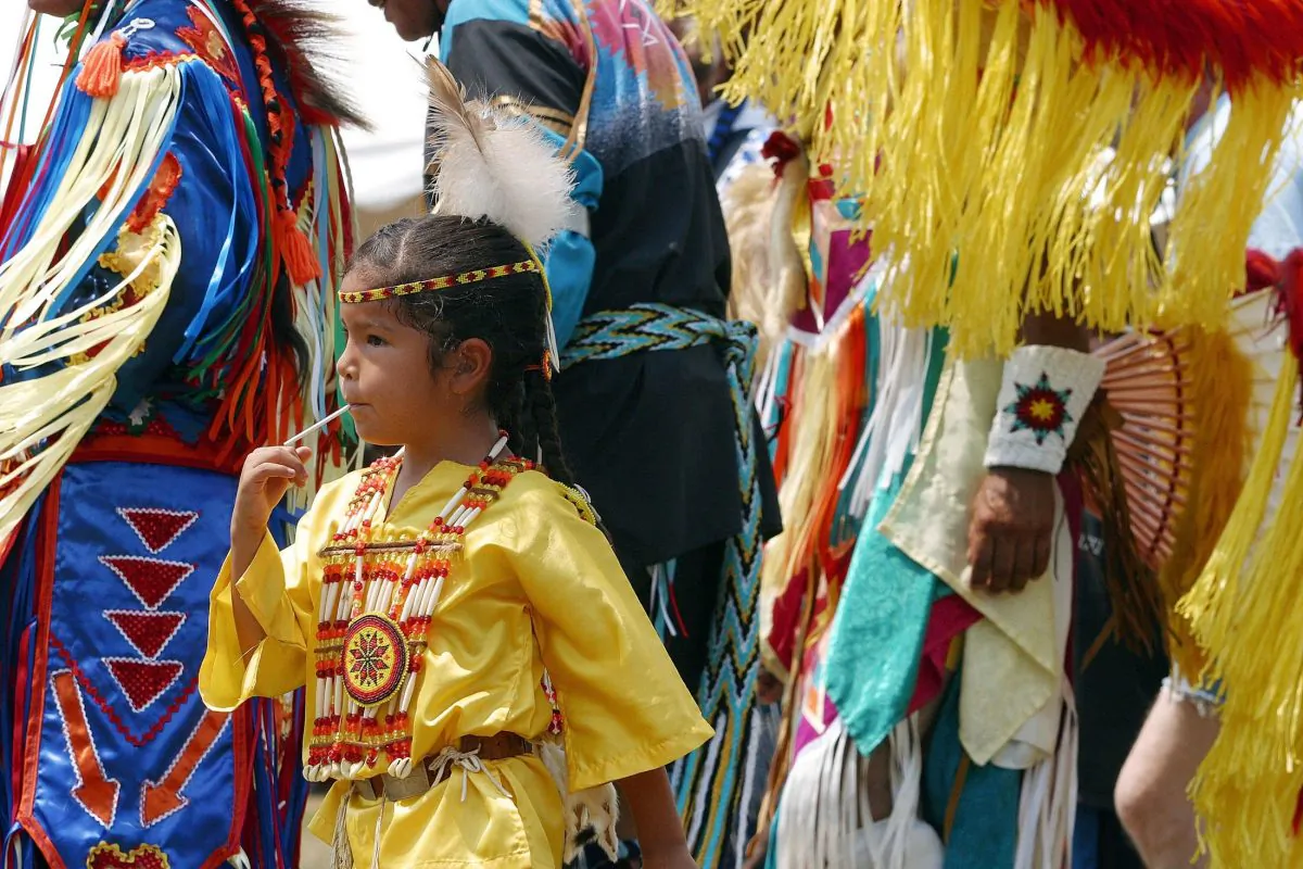 URBANA, : Five-year-old Tarlynn Tonepahhote of the Iowa Oneida Native American Indian tribe joins adult male dancers at the "Grand Entry" start of a powwow in Urbana, Maryland, 04 August 2002. Powwows are a Native American celebrations where young and old gather to socialize and preserve native traditions by partaking in competitive singing and dancing contests for prize money. According to the 1990 US Census figures, there are 1.87 million American Indians living in the United States. AFP PHOTO/Robyn BECK (Photo credit should read ROBYN BECK/AFP/Getty Images)