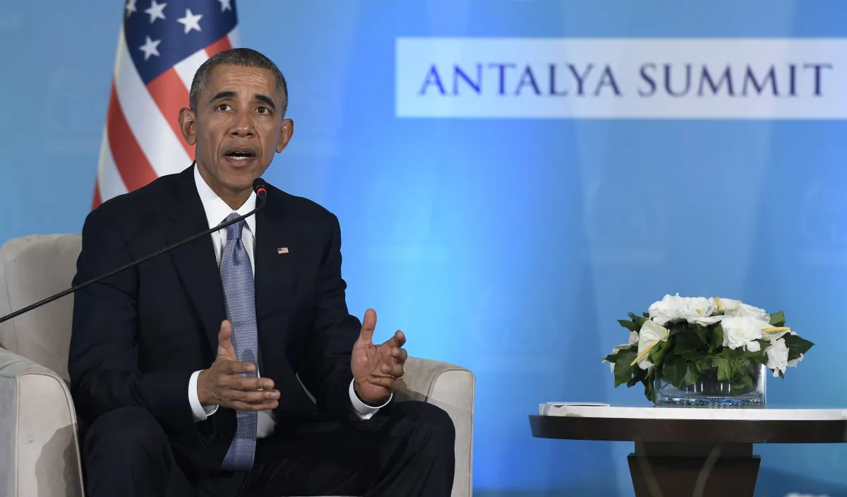 President Barack Obama speaks during a press availability with Turkey's President Recep Tayyip Erdogan in Antalya, Turkey, Sunday, Nov. 15, 2015. (AP Photo/Susan Walsh)