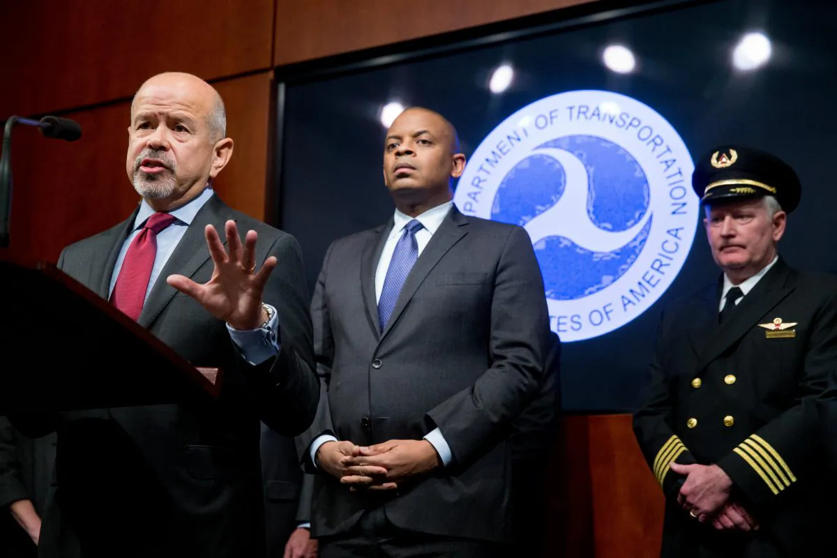 FAA Administrator Michael Huerta (L) accompanied by Transportation Secretary Anthony Foxx (C), and Airline Pilots Association President Tim Canoll (R) answers questions at a news conference at the Department of Transportation in Washington, D.C., on Oct. 19, 2015, where the creation of a task force to develop recommendations for a registration process for Unmanned Aircraft Systems (UAS) was announced. (AP Photo/Andrew Harnik)