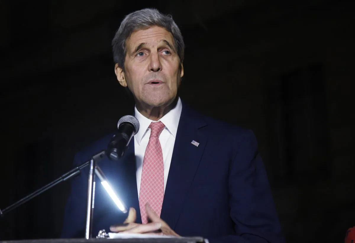 Secretary of State John Kerry delivers a speech at the U.S. Embassy in Paris, Monday, Nov. 16, 2015. John Kerry will meet French President Francois Hollande in Paris early Tuesday, the French presidency said. (Dominique Faget/AP)
