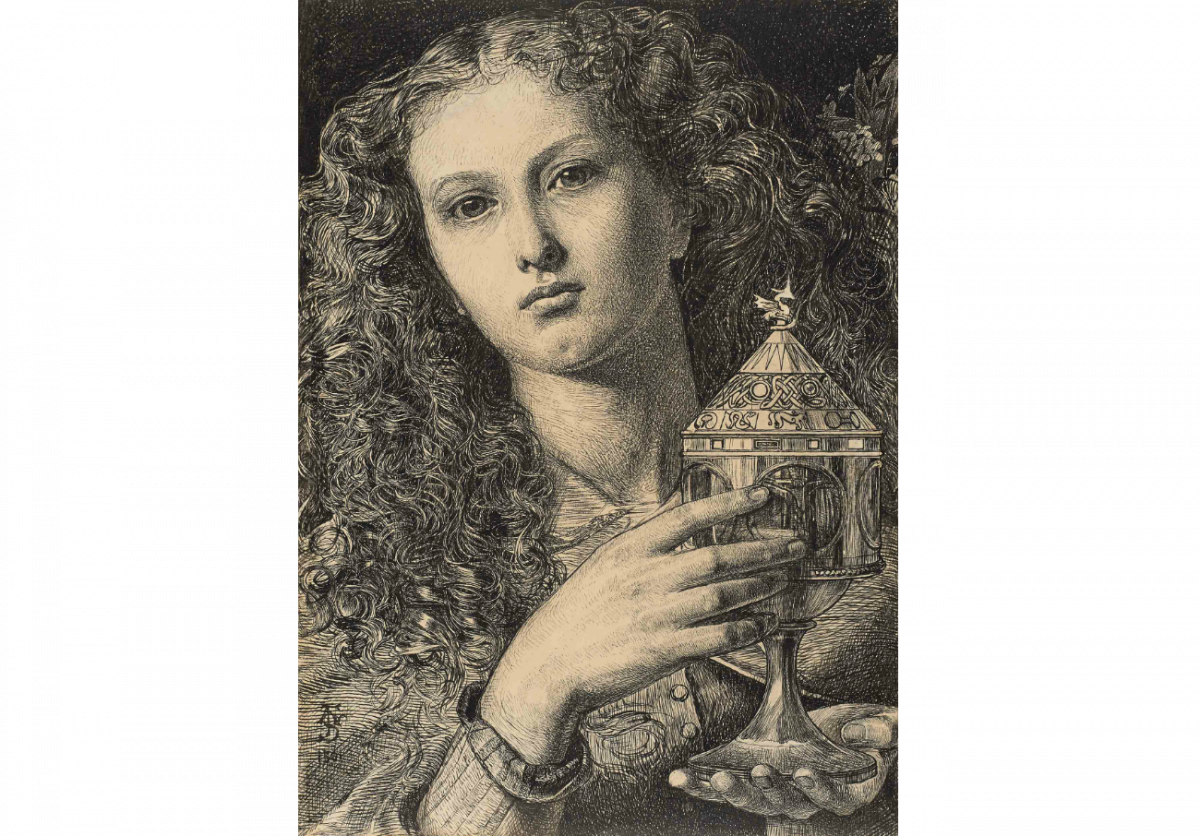 Frederick Sandys, King Pelles' Daughter Bearing the Vessel of the Sangreal, 1861, pen and black ink on paper. (Promised Gift from the Lanigan Collection, Saskatoon. Photo © NGC)
