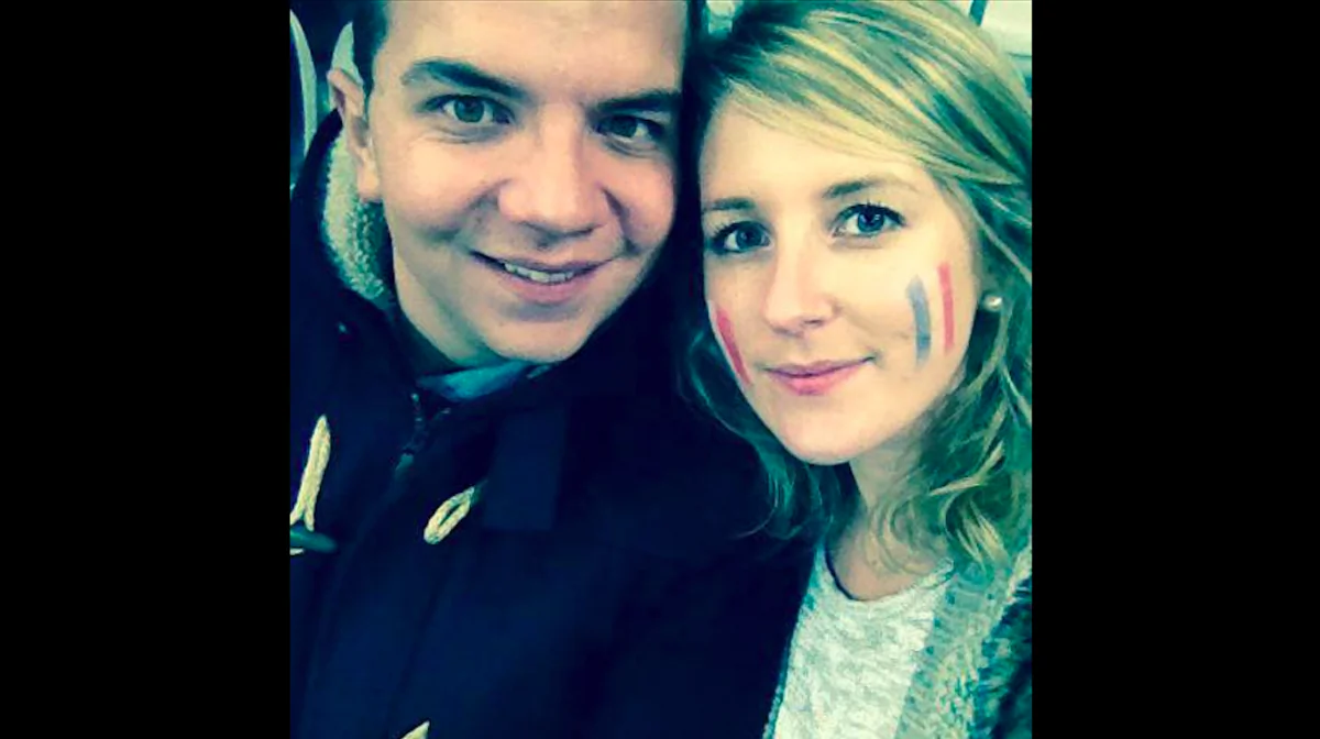Coralie Dantan and her boyfriend Mikael Auzou at a soccer match at Stade de France on Nov. 13, before three terrorists detonated bombs outside the stadium. (Courtesy of Coralie Dantan)