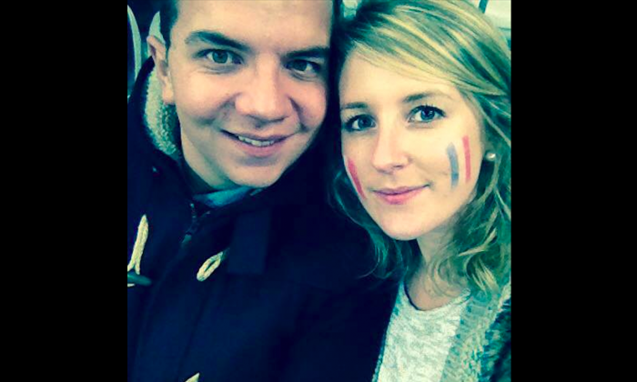 Coralie Dantan and her boyfriend Mikael Auzou at a soccer match at Stade de France on Nov. 13, before three terrorists detonated bombs outside the stadium. (Courtesy of Coralie Dantan) 