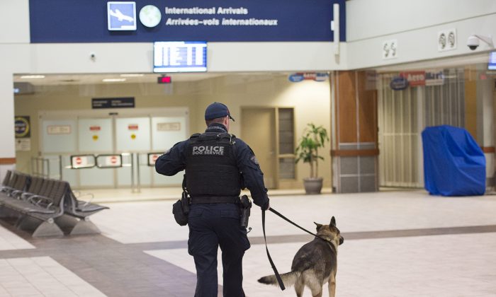 A police officer and a dog walk in the terminal at Halifax Stanfield International Airport after an Air France plane was diverted to the airport near Halifax, Nova Scotia, Wednesday, Nov. 18, 2015. (Andrew Vaughan/The Canadian Press via AP)