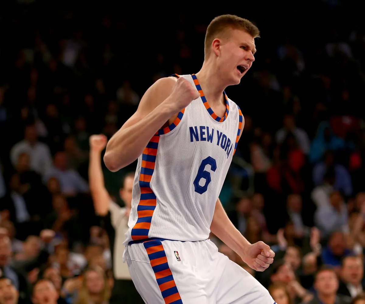 Kristaps Porzingis of the New York Knicks scored 29 points and grabbed 13 rebounds in the win over Charlotte on November 17. (Elsa/Getty Images) 