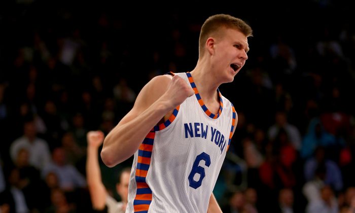 Kristaps Porzingis of the New York Knicks scored 29 points and grabbed 13 rebounds in the win over Charlotte on November 17. (Elsa/Getty Images) 