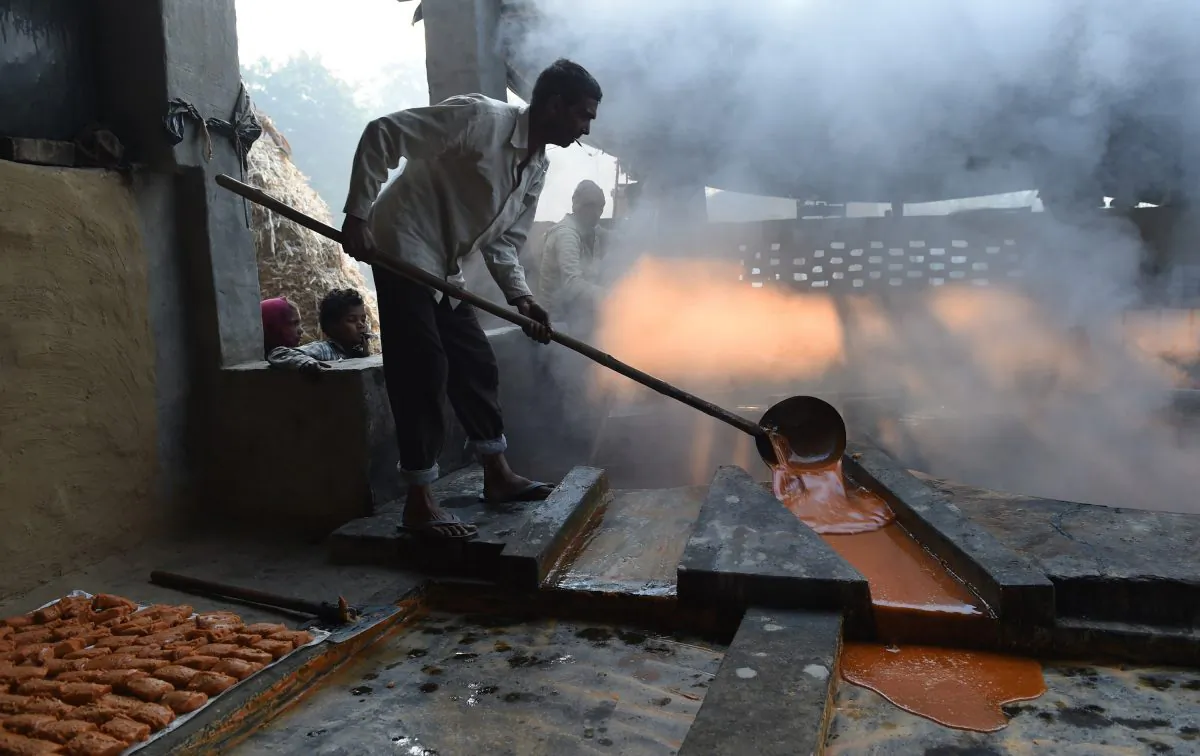 Indian workers prepare jaggery, a traditional cane sugar made from sugarcane juice extract, at a plant in Muradnagar in the Indian state of Uttar Pradesh on Nov. 19, 2015. (Prakash Singh/AFP/Getty Images)