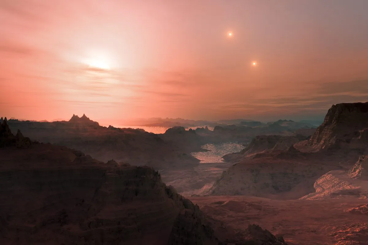Gliese Cc: Artist’s impression of sunset on one of the most Earth-like exoplanets. (ESO/L. Calçada/wikimedia, CC BY-4.0)