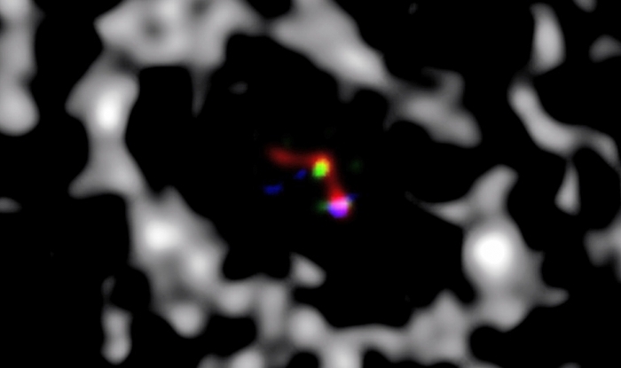A composite image of LkCa15 shows the MagAO data, in blue, and the LBT data, in green and red. (Credit: University of Arizona)