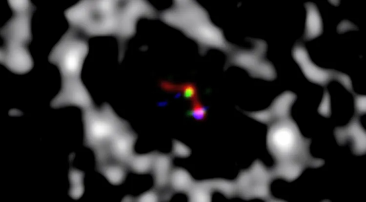 A composite image of LkCa15 shows the MagAO data, in blue, and the LBT data, in green and red. (Credit: University of Arizona)