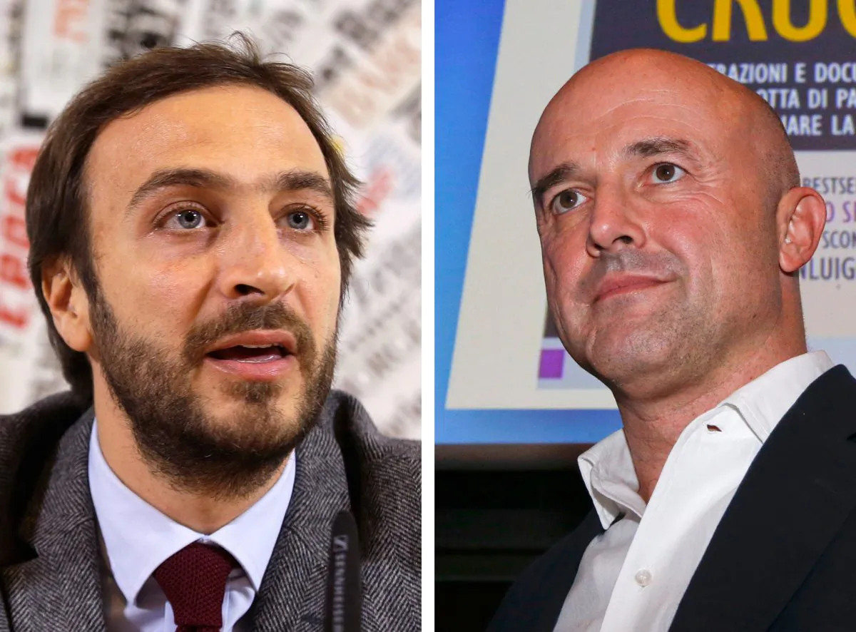 This combo of file photos shows journalists Emiliano Fittipaldi (L) during a presser in Rome, on Tuesday, Nov. 17, 2015 and Gianluigi Nuzzi during the presentation of his new book "Via Crucis" ("Merchants in the Temple", in the English edition) in Milan on Monday, Nov. 16, 2015. A Vatican judge has indicted five people Saturday, Nov. 21, 2015, including the two journalists Gianluigi Nuzzi, Emiliano Fittipaldi, and a high-ranking Vatican monsignor Lucio Vallejo Balda, in the latest scandal involving leaked documents cited in recent books alleging financial malfeasance in the Roman Catholic Church bureaucracy. (AP Photo/Gregorio Borgia, Luca Bruno)